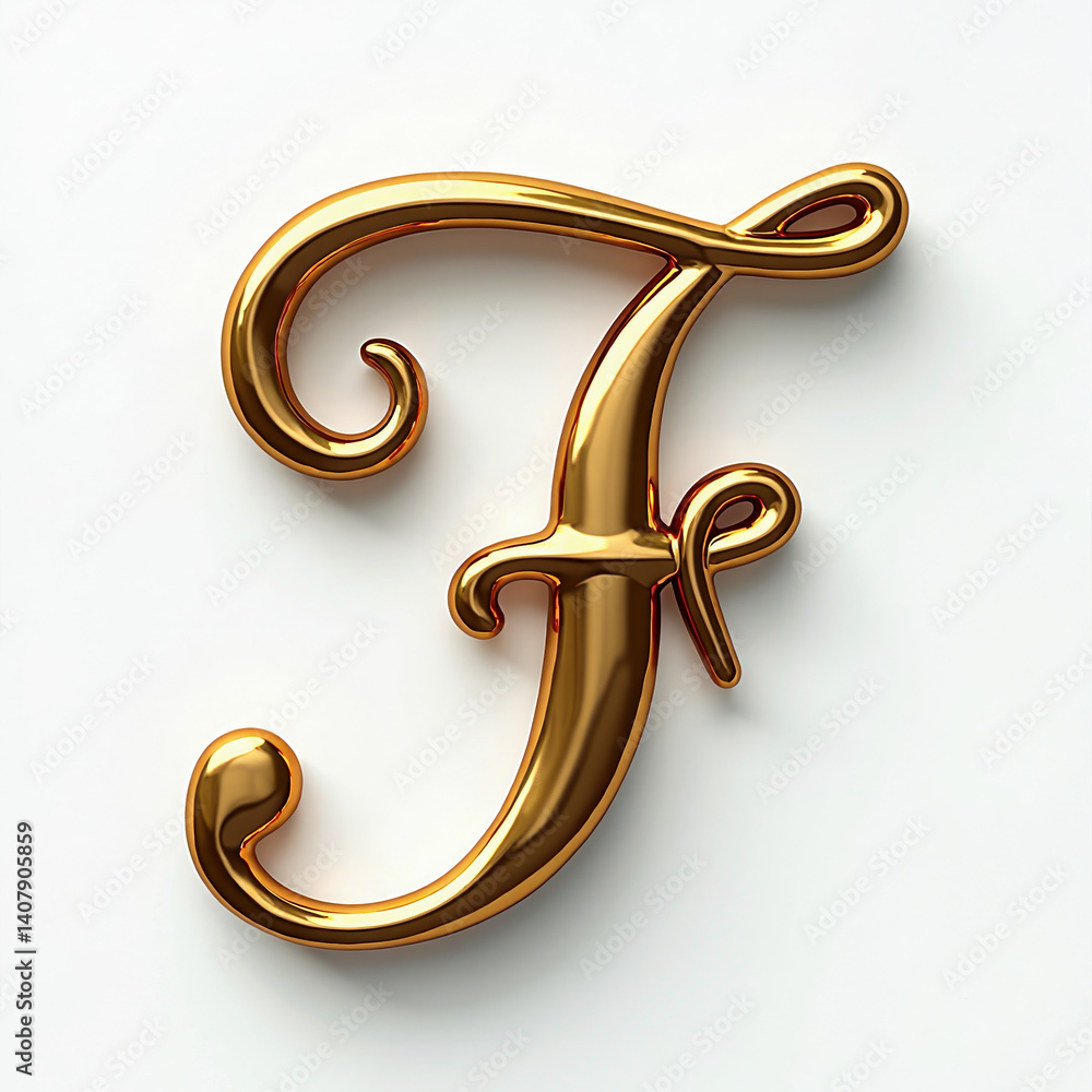 Poster elegant 3d gold letter f in a connected monoline script style. metallic handwritten element with bev