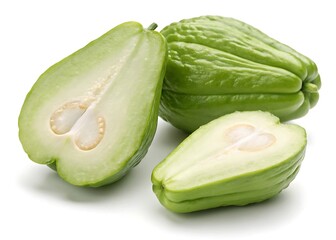 howcasing chayote squash, both whole and sliced on a white background