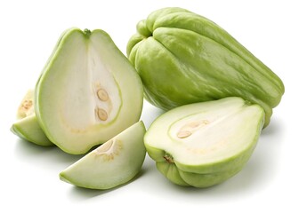 howcasing chayote squash, both whole and sliced on a white background