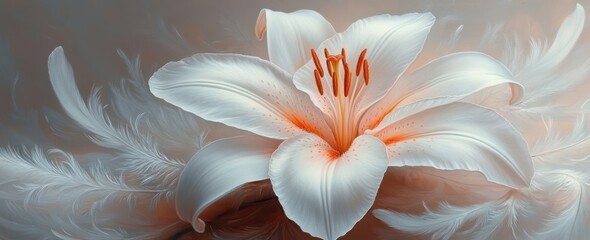 White Lily with Orange Stamen Surrounded by Feathers Sympathy Message Template