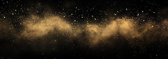 Obraz premium Golden Dust Particles Overlay, Glitter Effect on Black Background Texture