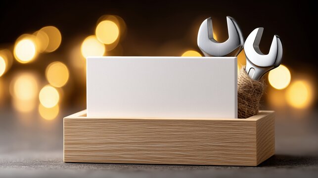 A vacant car repair shop's blank business card sits in a wooden holder next to two wrenches, ready for a new owner or ing opportunity against a warm bokeh background.