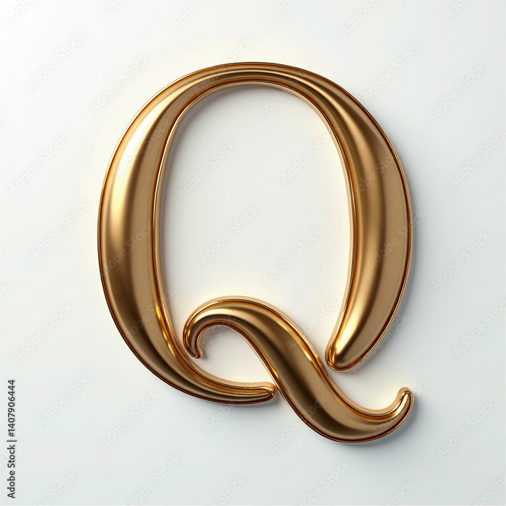 Poster elegant 3d gold letter q in a connected monoline script style. metallic handwritten element with bev