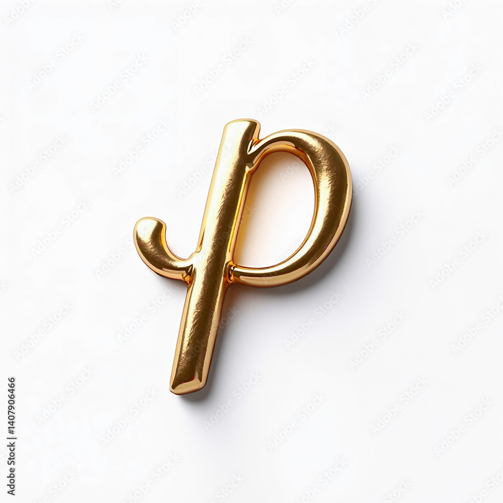 Poster elegant 3d gold lowercase letter p, connected monoline script style. metallic handwritten element is