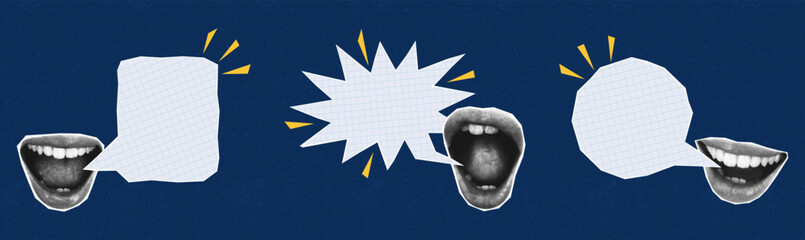 Collage cutout empty speech bubbles with halftone mouth set. Paper cut elements of different shapes communication bubbles and female lips. Collage design with halftone effect. Vector.