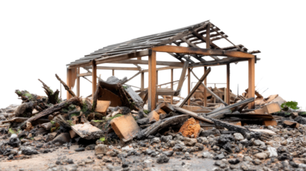 Abandoned Structure's Wreckage: Weathered remnants of a dilapidated wooden structure stand amidst a pile of debris, with visible broken frames and shattered roof, embodying the passage of time.