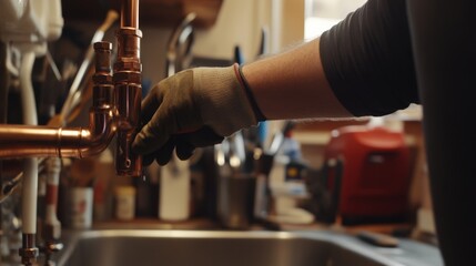 Plumber sealing joints on copper pipes in a kitchen. Featuring expertise and precision