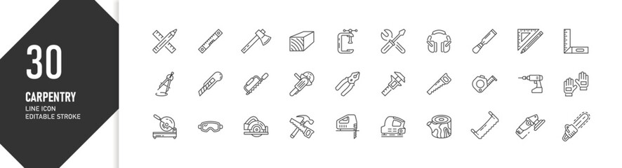 Carpentry tools in line style for woodworking work, editable stroke icon set for UI design or print
