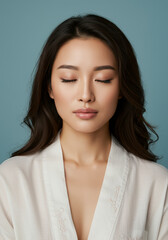 Serene Asian Woman with Closed Eyes in a White Robe,  Embodying Relaxation, Spa Day, and Skincare Beauty Concept