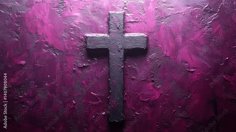 Poster cross imprint in gray ash on purple background ash wednesday copy space,stock image