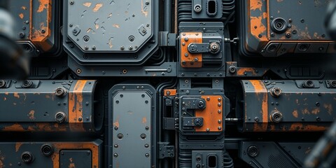 Fototapeta premium Rusty Metallic Machine Wall Panel - Industrial, Sci-Fi, Futuristic Architecture Design
