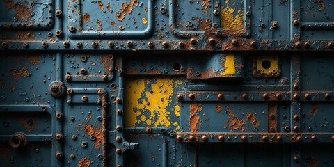 Heavily Weathered and Rusted Industrial Metal:  A Grunge Backdrop with Yellow Patch and Rivets
