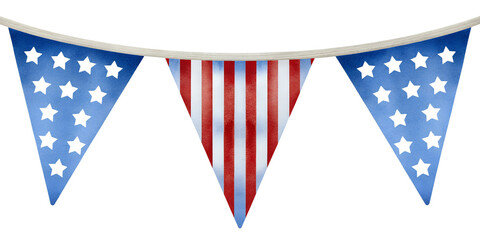Fototapeta premium Watercolor 4th of july bunting with stars and stripes on transparent background.