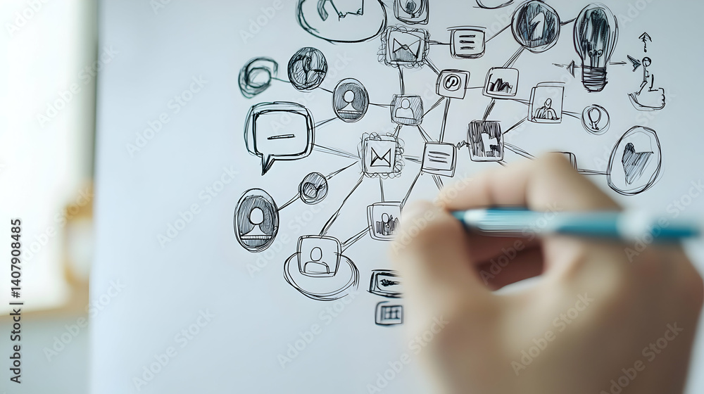 Poster hand drawing a mind map flowchart on whiteboard during brainstorming session with sketch icons repre