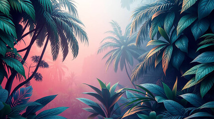 Tropical forest landscape , Trees and leaves wallpaper , 3D Tropical wallpaper , 3D illustration 