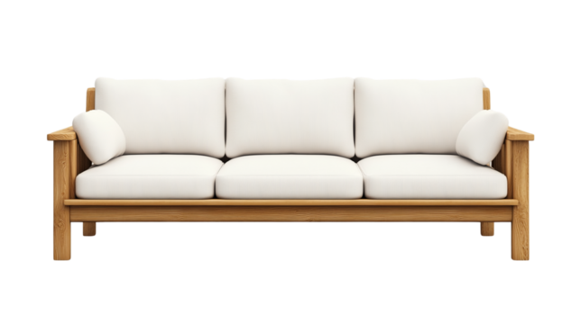 3D vector illustration of a wooden sofa with white cushions on a transparent background PNG