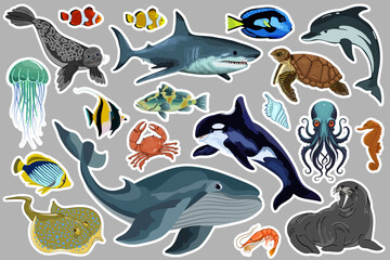 Stickers and decals with sea animals.Colored vector collection of stickers and decals with fish and sea animals on a gray background.