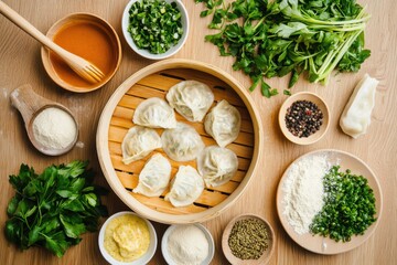 Artfully arranged stuffed dumplings recipe wooden surface food photography natural light top-down view culinary inspiration