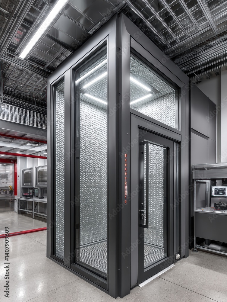Poster thermal packaging testing lab with temperature chambers, insulation samples, and performance monitor