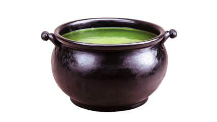 Black cauldron with green potion brewing, isolated on transparent background