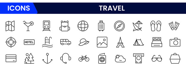 Minimal vector line icons representing travel elements—airplane, passport, luggage, map, and location pin. Perfect for tourism, booking apps, or vacation-related digital designs.