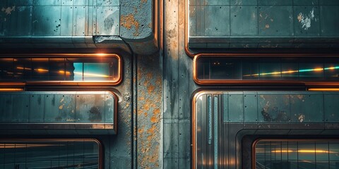 Obraz premium Grungy Abstract Metallic Architecture with Illuminated Windows and Cross Structure