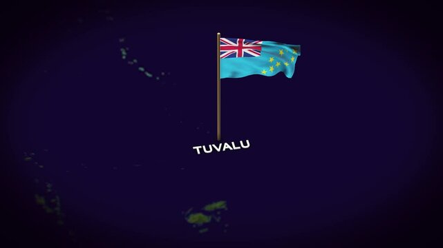 The Flag of Tuvalu on the World Map, Tuvalu map with flag 3d animation
