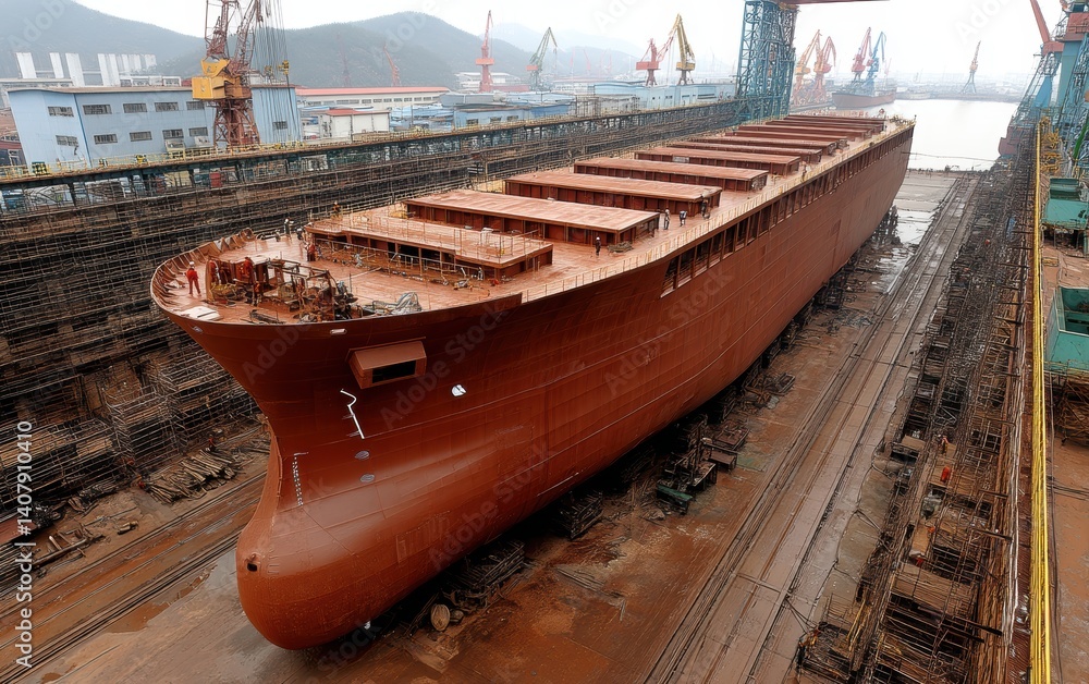 Poster massive ship hull under construction in dry dock surrounded by scaffolding, cranes, and welding crew