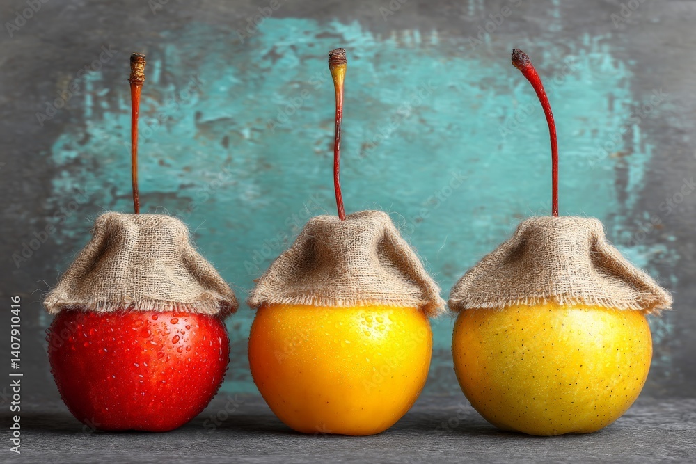Poster creative arrangement of colorful fruit with burlap hats on a textured background in a studio setting