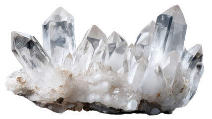Large clear quartz crystal cluster on transparent background