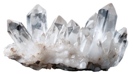Large clear quartz crystal cluster on transparent background