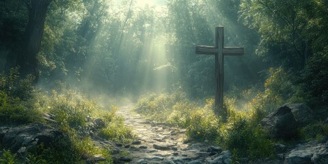 Fototapeta premium Misty Forest Memorial Cross on Woodland Path Marking Peaceful Place of Remembrance and Reflection