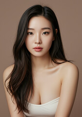 Naklejka premium Asian Woman with Long, Flowing Black Hair and Smooth, Clear Skin, Wearing a Simple White Top Against a Neutral Background. Perfect for Beauty, Fashion, and Skincare Advertising.