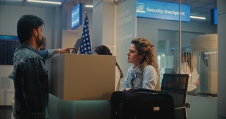 Check-in Counter in Airport Terminal: Indian Man Giving Boarding Documents to Airline Worker, Placing Suitcase for Baggage Check, Putting Finger on Touch Screen for ID Biometric Fingerprint Scanning.