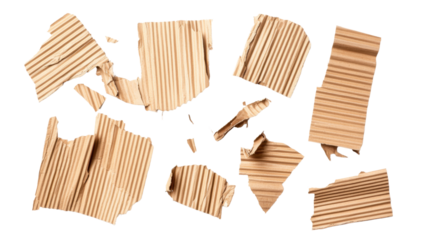 Torn cardboard pieces falling on transparent background
