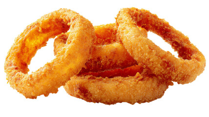 Delicious crispy onion rings stacked on transparent background