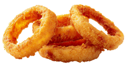 Delicious crispy onion rings stacked on transparent background