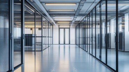 Interior view of a modern office hallway with glass walls and doors and a shiny reflective floor
