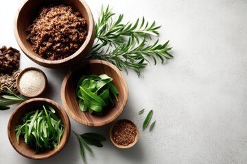 Smart meal prep scene with hormone-supportive macro-balanced dishes high-protein quinoa, leafy greens, omega-rich dressing, and seed cycling snacks., copy space for text