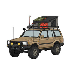 Off-Road Expedition Vehicle: A meticulously detailed illustration of a rugged off-road vehicle, fully equipped for adventure, featuring a roof rack loaded with camping gear.