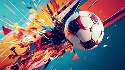 A dynamic graphic composition of a soccer ball caught mid-air with motion trails, surrounded by abstract geometric shapes and explosive colors — capturing the speed, energy, and passion of football