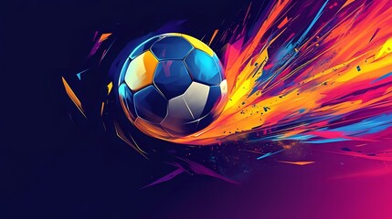 Naklejka premium A dynamic graphic composition of a soccer ball caught mid-air with motion trails, surrounded by abstract geometric shapes and explosive colors — capturing the speed, energy, and passion of football
