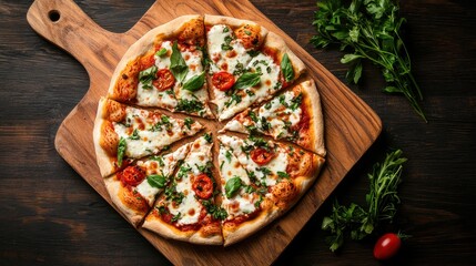 Delicious vegan mozzarella pizza evening lighting overhead angle capturing gooey texture and toppings