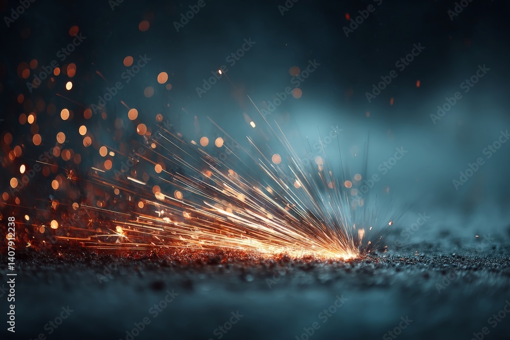 Poster sparks flying during metalwork at an industrial workshop in the evening with a blurred background en