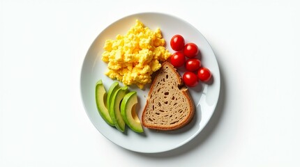 Scrambled eggs with cherry tomatoes and avocado on whole grain bread served on a clean, minimalist plate