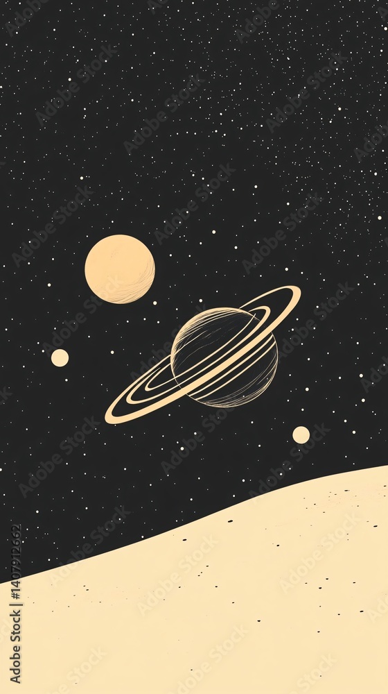 Aufkleber Saturn and moon orbiting around planet in outer space with stars and desert
