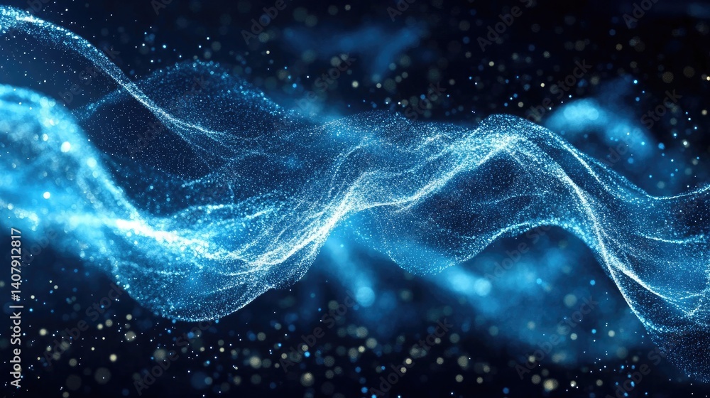 Poster wavy blue digital particle stream, shimmering light dots, dynamic abstract pattern