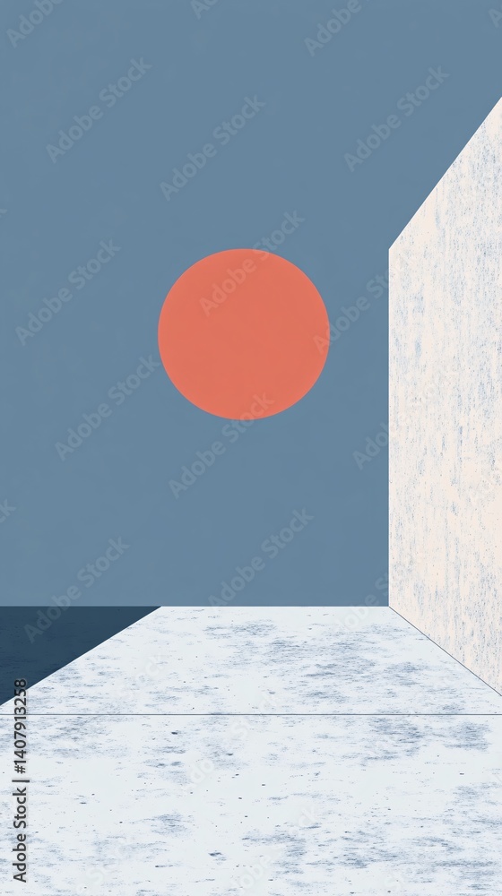 Poster minimalist interior with a big red sun shining through a large window
