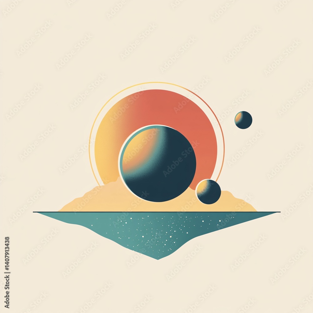 Poster planets are orbiting around a stylized sun above a mirrored surface reflecting stars