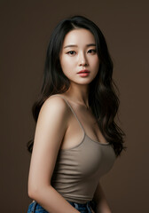 Naklejka premium Stunning Asian Woman with Long Wavy Hair, Wearing a Beige Tank Top and Blue Jeans, Studio Portrait against a Brown Background